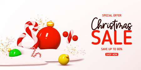 Christmas sale banner template. Vector illustration with holiday decorations and candy number with amount of discount. Ad background with realistic 3d elements for Christmas sale.のイラスト素材