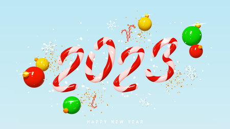 2023 Happy New Year banner. 3d candy number 2023 with plastic Christmas balls, snowflakes, candy...