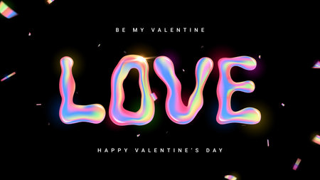 Valentine's Day banner template. 3d vector illustration with liquid holo word LOVE and falling colorful confetti. Symbol of Valentine's Day with holographic gradient. Bright colorful symbol.のイラスト素材