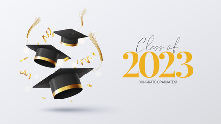Banner for design of graduation 2023. Graduation caps, golden confetti and serpentine. Congratulations graduates of 2023. Vector illustration for decoration of degree ceremony in social media.のイラスト素材