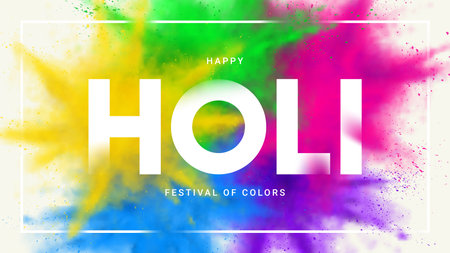 Happy holi festival banner. Abstract explosions of colorful powders. Vector illustration for decoration of Holi event. Template of design for branding cover, card, poster or banner.のイラスト素材