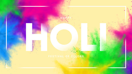 Happy holi festival background. Abstract explosions of colorful powders. Vector illustration for decoration of Holi event. Template of design for branding cover, card, poster or banner.のイラスト素材