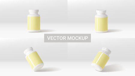 Templates of white bottles with pills. 3d vector illustration with plastic bottles for presentation of pills, vitamins, capsules or dietary supplement. Mockup of 3d jars with blank labels.のイラスト素材