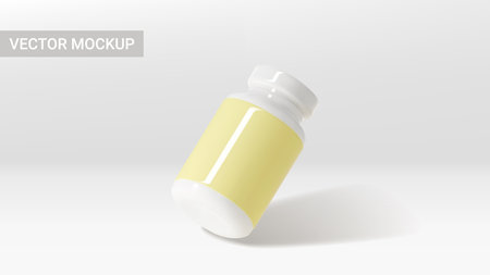Vector mockup of white bottle with pills. 3d vector illustration with plastic bottle for presentation of pills, vitamins, capsules or dietary supplement. Template of 3d jar with blank labels.のイラスト素材