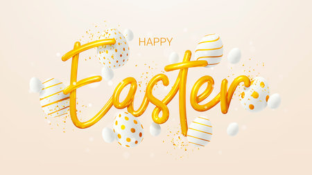Easter greeting card template. Vector holiday illustration with realistic golden 3d lettering, falling confetti and eggs. Realistic 3d golden symbols of Easter. Happy Easter.のイラスト素材