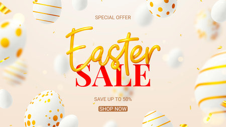 Vector illustration for Easter sale. Vector holiday illustration with realistic golden 3d lettering, confetti and eggs with golden patterns. Realistic 3d symbols of Easter. Ad design for banners.のイラスト素材