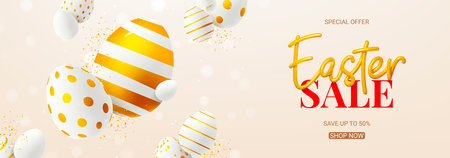 Vector banner for Easter sale. Vector holiday illustration with realistic golden 3d lettering, confetti and eggs with golden patterns. Realistic 3d symbols of Easter. Ad design for banners.のイラスト素材