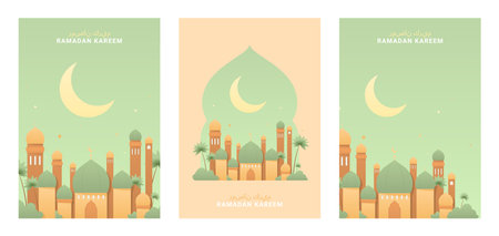 Set of posters for Ramadan Kareem. Vector illustration with mosque, stars and crescent in pastel colors. Holy month Ramadan. Flyers for Islamic holiday. Arabic text translation Ramadan Kareem.のイラスト素材