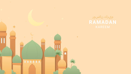 Holiday banner for Ramadan Kareem. Vector illustration with mosque, stars and crescent in pastel colors. Holy month Ramadan. greeting card for islamic holiday. Arabic text translation Ramadan Kareem.のイラスト素材
