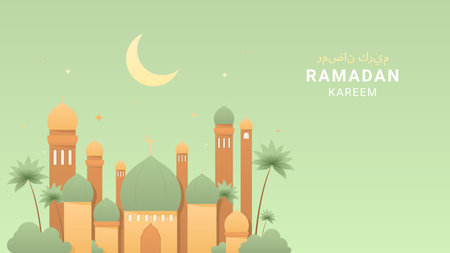 Greeting banner for Ramadan Kareem. Vector illustration with mosque, stars and crescent in pastel colors. Holy month Ramadan. Holiday card for Islamic holiday. Arabic text translation Ramadan Kareem.のイラスト素材
