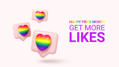 Vector banner for Pride month. 3d icons of notifications for social media with rainbow hearts for design of LGBTQ events. Pride day vector illustration. Human rights and tolerance concept.のイラスト素材