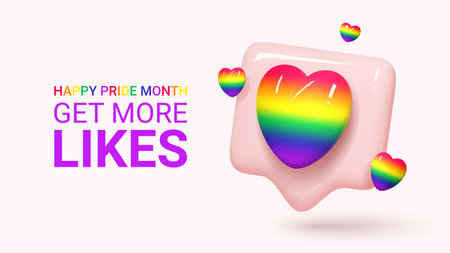 Vector illustration for Pride month. 3d icon of notifications for social media with rainbow hearts for design of LGBTQ events. Human rights and tolerance concept. Pride day greeting banner.のイラスト素材