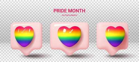 Notification icons with rainbow hearts. 3d set of notification icons with hearts for social media isolated on checkered background. 3d elements for decoration of LGBTQ events. vector illustration.のイラスト素材