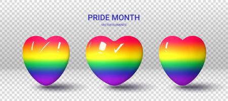 Set of 3d rainbow hearts. 3d rainbow hearts in different positions isolated on checkered background. 3d elements for decoration of LGBTQ events. Vector illustration with symbols of Pride Month.のイラスト素材