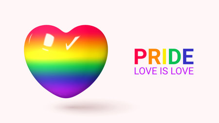 Greeting card for Pride month. 3d rainbow heart isolated on pink background for design of LGBTQ events. Human rights and tolerance concept. 3d symbol of Pride day for posters, banners.のイラスト素材