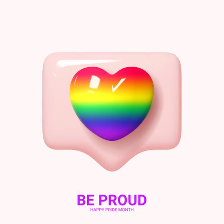 Holiday banner for Pride Month. 3d icon of notifications for social media with rainbow heart for design of LGBTQ events. Human rights and tolerance concept. Pride day greeting card.のイラスト素材