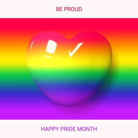 Holiday card for Pride Month. 3d rainbow heart isolated on LGBTQ flag for design of LGBTQ events. Human rights and tolerance concept. 3d symbol of Pride day for posters, banners.のイラスト素材