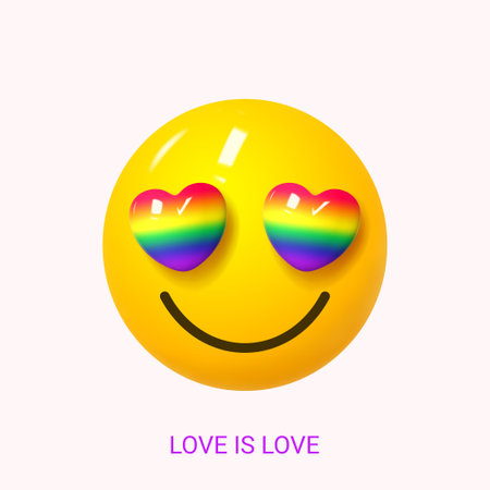 Greeting card for Pride Month. Banner for Pride Month with 3d smile emoji with rainbow hearts instead of eyes for design of LGBTQ events. Human rights and tolerance concept. vector illustration.のイラスト素材