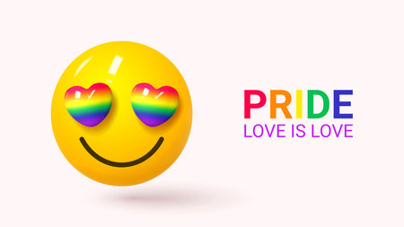 Vector banner for Pride Month. Background for Pride Month with 3d smile emoji with rainbow hearts instead of eyes for design of LGBTQ events. Human rights and tolerance concept. vector illustration.のイラスト素材