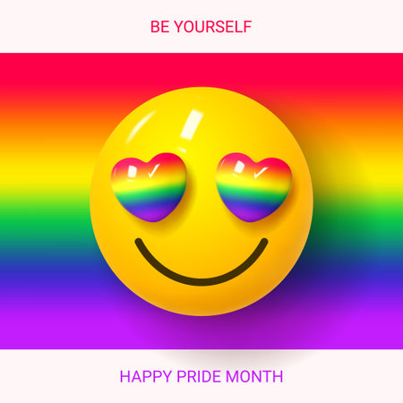 Greeting card for Pride Month. Banner for Pride Month with 3d smile emoji with rainbow hearts instead of eyes isolated on LGBTQ flag. Human rights and tolerance concept. vector illustration.のイラスト素材