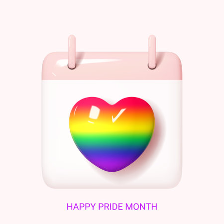 LGBTQ Pride Month banner. Tear-off calendar with 3d rainbow heart isolated on pink background for design of LGBTQ events. Human rights and tolerance concept. 3d symbol of Pride day.のイラスト素材
