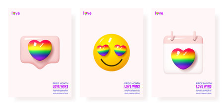 Set of posters for Pride Month. Minimal design posters with 3d rainbow colored symbols for Pride Month celebration. Human rights and tolerance concept. Vector illustration for LGBTQ events.のイラスト素材