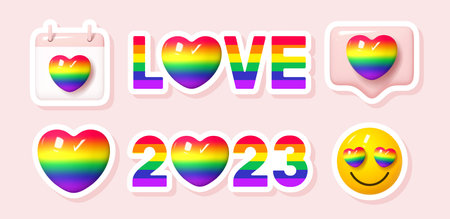 Set of sticker for Pride Month 2023. 3d rainbow colored symbols for Pride Month celebration. Human rights and tolerance concept. Vector illustration for LGBTQ events.のイラスト素材