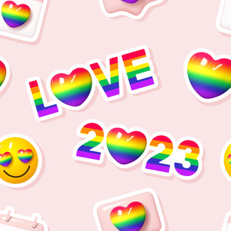 Seamless pattern for Pride Month 2023. Seamless pattern with 3d rainbow colored stickers for Pride Month celebration. Human rights and tolerance concept. Vector illustration for LGBTQ events.のイラスト素材