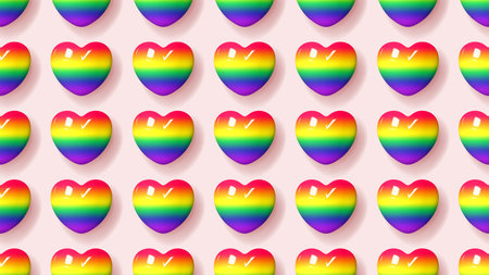 Seamless background for Pride Month. Seamless pattern with 3d rainbow hearts for Pride Month celebration. Human rights and tolerance concept. Vector illustration for LGBTQ events.のイラスト素材