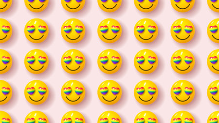Seamless banner for Pride Month. Seamless pattern with 3d smiles with rainbow hearts instead of eyes for Pride Month. Human rights and tolerance concept. Vector illustration for LGBTQ events.のイラスト素材