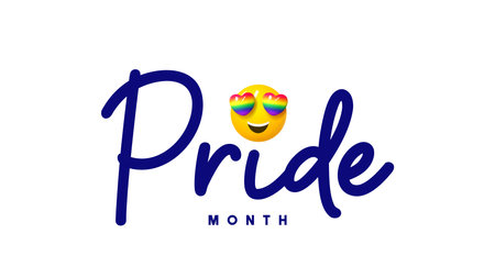 Pride Month 2023 symbol. Vector of LGBTQ event 2023 with 3d smile with rainbow hearts instead of eyes. Vector lettering Pride isolated on white background. Human rights and tolerance concept.のイラスト素材