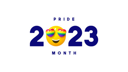 Vector symbol for Pride Month 2023. Vector of LGBTQ event 2023 with 3d smile with rainbow hearts instead of eyes isolated on white background. Human rights and tolerance concept.のイラスト素材