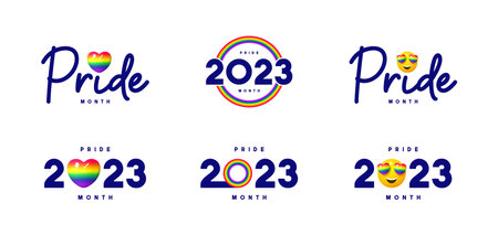 Vector set of for Pride Month 2023. Vector symbols of LGBTQ event 2023 with rainbow hearts, smiles and circles isolated on white background. Human rights and tolerance concept. Pride Month lettering.のイラスト素材