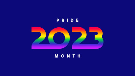 Pride Month 2023 symbol template. Vector symbol of LGBTQ event 2023 with rainbow gradient numbers isolated on dark blue background. Human rights and tolerance concept.のイラスト素材