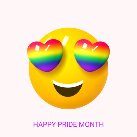 Greeting card for Pride Month. Banner for Pride Month with 3d smile emoji with rainbow hearts instead of eyes for design of LGBTQ events. Human rights and tolerance concept. vector illustration.のイラスト素材