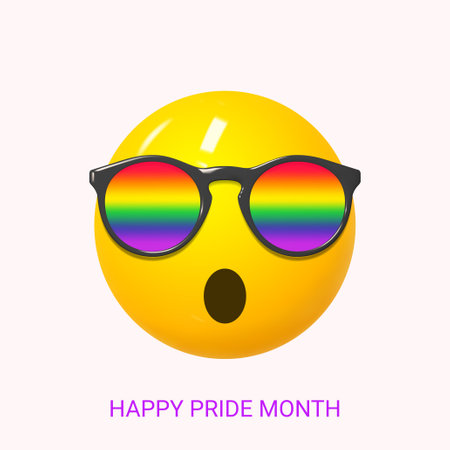 Pride Month holiday banner. Banner for Pride Month with 3d smile emoji with open mouth and rainbow sunglasses for design of LGBTQ events. Human rights and tolerance concept. vector illustration.のイラスト素材