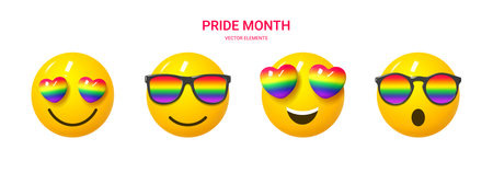 Set of cute smiles for Pride Month. Collection of 3d funny smiles emoji with rainbow sunglasses and eyes for design of LGBTQ events. Human rights and tolerance concept. vector illustration.のイラスト素材