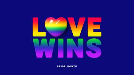 Holiday banner for Pride Month. Symbol of Pride Month with 3d rainbow heart isolated on dark background for design of LGBTQ events. Human rights and tolerance concept. vector illustration. love wins.のイラスト素材