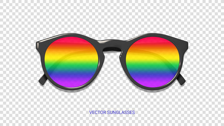 Black sunglasses with rainbow glass. Vector illustration with decorative element for Pride Month design. Black sunglasses with rainbow glass isolated on checkered background.のイラスト素材