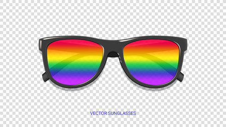 Sunglasses with rainbow glass. Black sunglasses with rainbow glass isolated on checkered background. Vector illustration with decorative element for Pride Month design.のイラスト素材