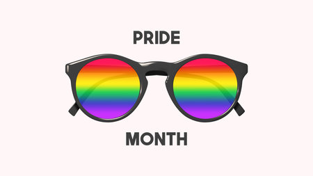 Pride month banner concept. Minimal design banner with modern black sunglasses with rainbow glass isolated on pink background. Vector illustration for Pride Month decoration. Concept of LGBTQ banner.のイラスト素材