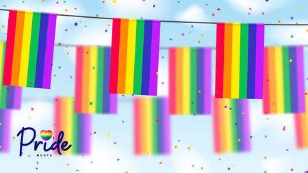 Vector banner for Pride Month. Rainbow garlands hang on background of cloudy sky. Colorful confetti fall down. Lettering symbol of Pride Month. Human rights, tolerance and freedom concept. Vector.のイラスト素材