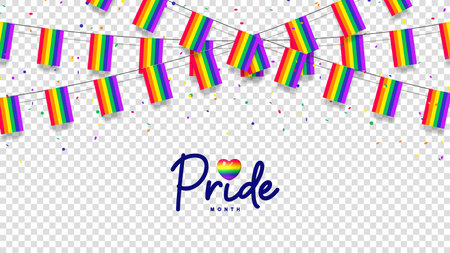 Rainbow garlands and confetti template. Rainbow garlands and colorful confetti isolated on checkered background. Lettering symbol of Pride Month. Vector illustration for decoration of LGBTQ events.のイラスト素材