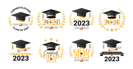 Set of symbols for graduation 2023. Vector illustration with for graduation 2023. Collection of labels class of 2023. Grad ceremony symbols with realistic mortar caps and scrolls.のイラスト素材