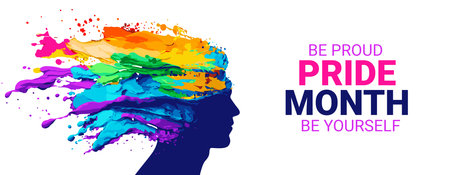 Vector banner for Pride Month. Colorful vector illustration with silhouette of head of man with splash of liquid on head. LGBTQ banner. Human rights, freedom and tolerance concept. LGBT poster.のイラスト素材