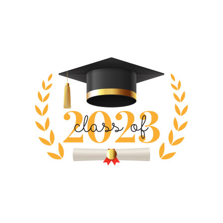 for graduation 2023. Vector illustration with symbol for graduation 2023. Label class of 2023. Grad ceremony symbol with realistic mortar cap and scroll.のイラスト素材