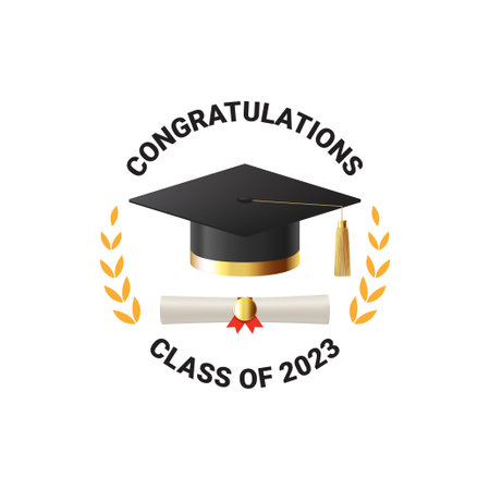 Label for graduation 2023. Vector illustration with symbol for graduation 2023. Label class of 2023. Grad ceremony symbol with realistic mortar cap and scroll.のイラスト素材