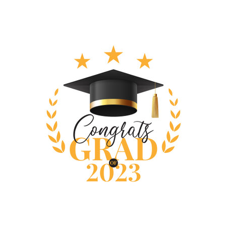 Symbol template for graduation 2023. Vector illustration with for graduation 2023. Label class of 2023. Grad ceremony symbol with realistic mortar cap.のイラスト素材