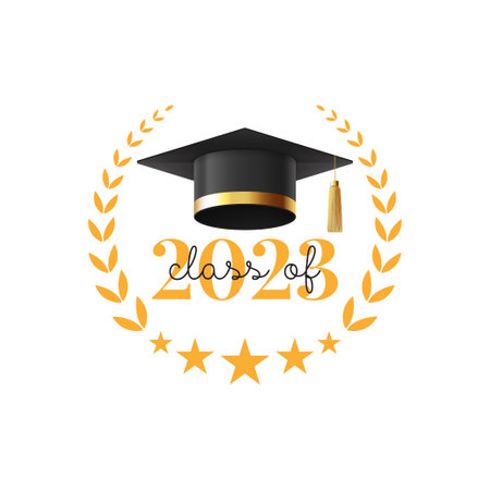 template for graduation 2023. Vector illustration with symbol for graduation 2023. Label class of 2023. Grad ceremony symbol with realistic mortar cap.のイラスト素材