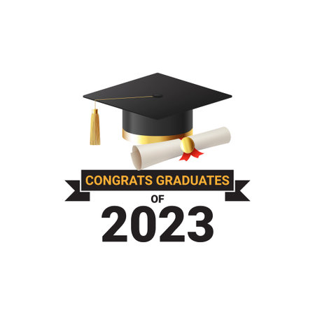 Label template for graduation 2023. Vector illustration with symbol for graduation 2023. Label class of 2023. Grad ceremony symbol with realistic mortar cap and scroll.のイラスト素材